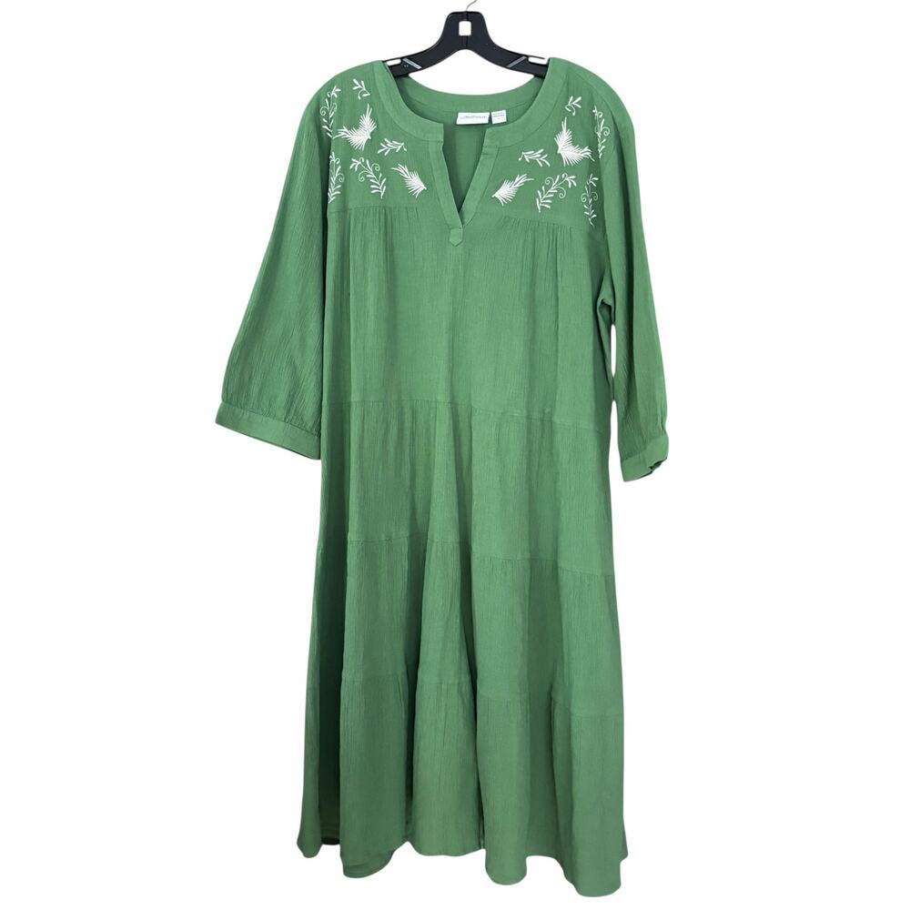 Vermont Country Store Cotton Dress Embroidered Leaves L Layered Modest Simple